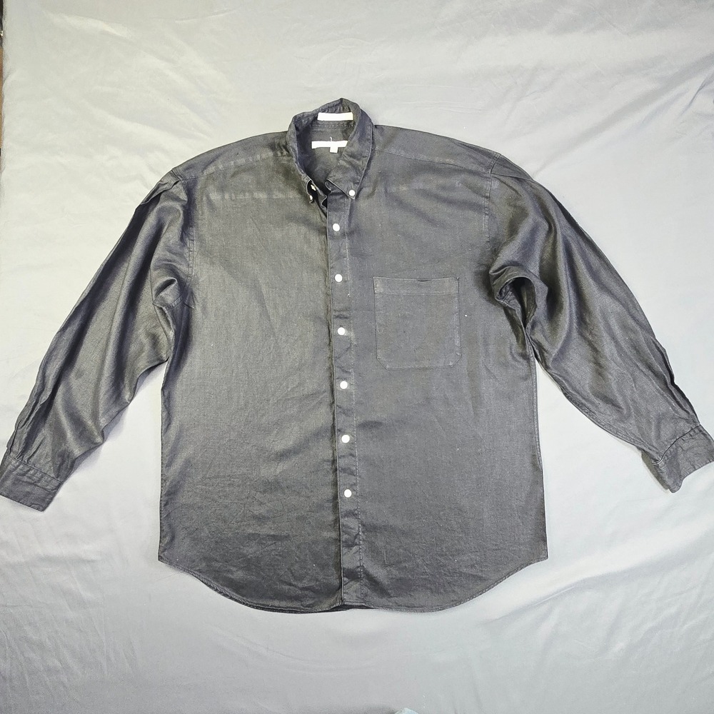 Perry Ellis Linen Button Down Shirt Men's Size Large Black Long Sleeve Pocket